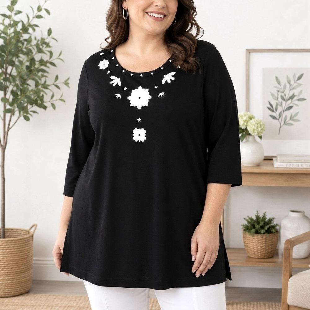 Susan Graver Style Black Embroidered Floral Tunic Top 3/4 Sleeve Stretch 1X Plus